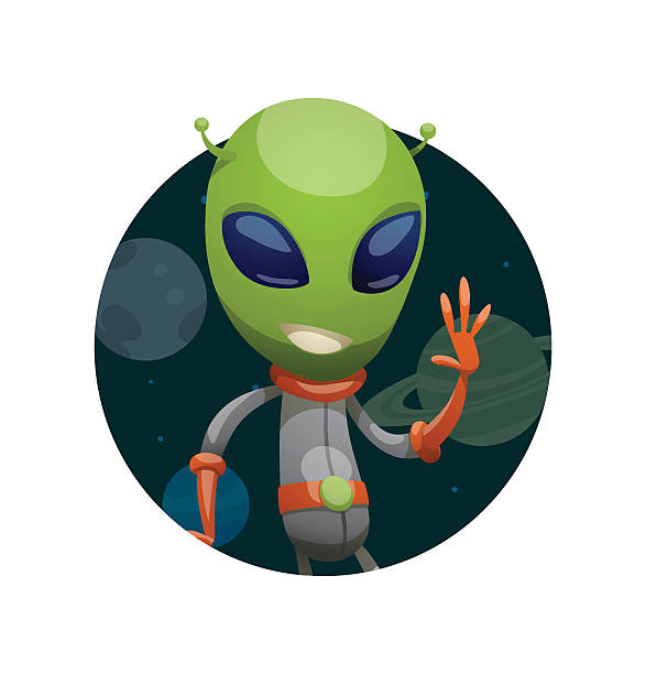라운드 프레임, 재미있는 초록색입니다 외국인 손 흔드는 그의 왼쪽 - mascot alien space mystery stock illustrations