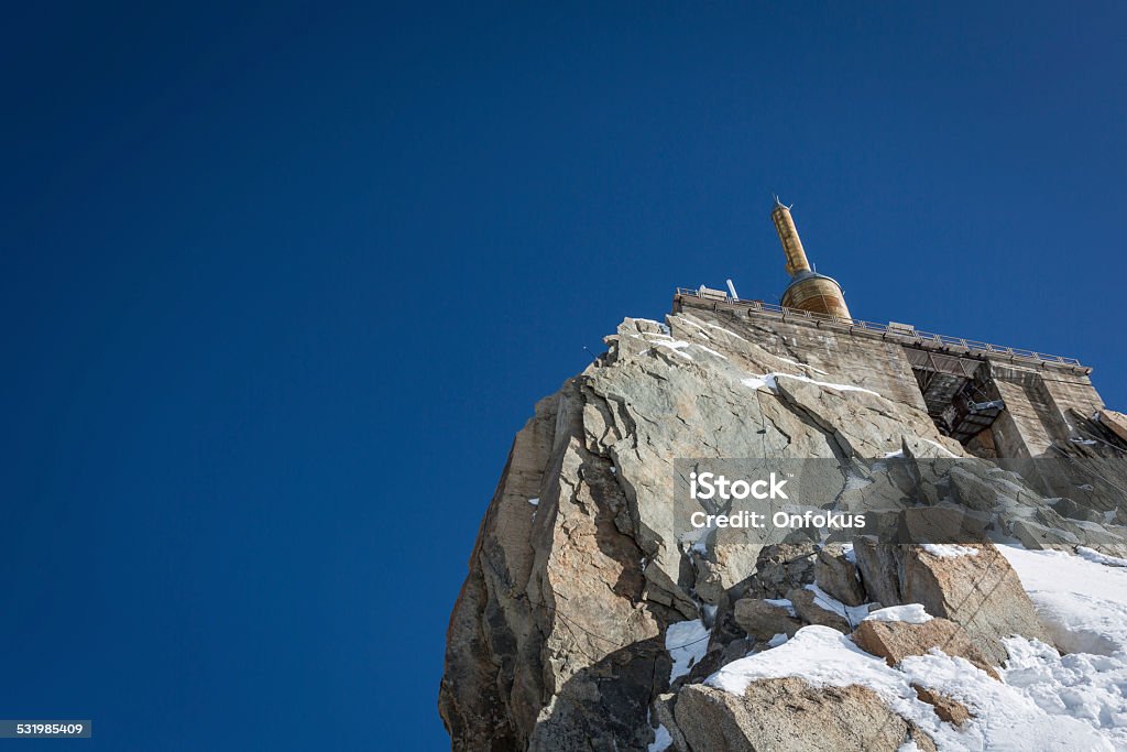 Aiguille du midi viewing platform, Mont Blanc, Chamonix, France Aiguille du midi viewing platform with clear blue sky at Mont Blanc, Chamonix, France. 2015 Stock Photo