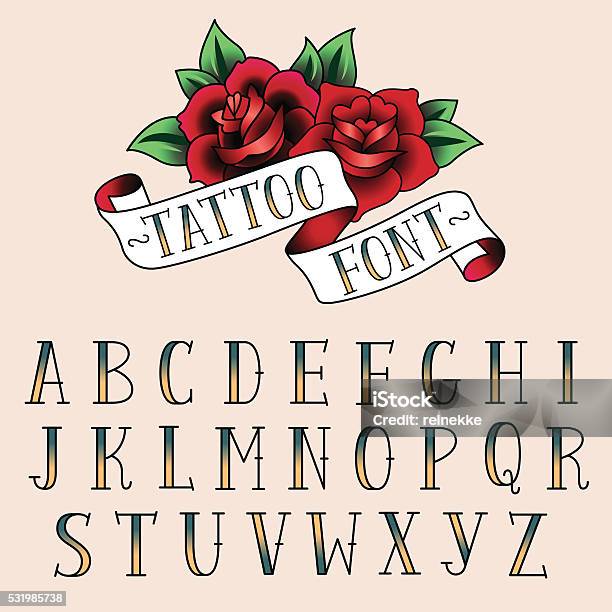 Tattoostil Alfabeth Stock Vektor Art und mehr Bilder von Tätowierung - Tätowierung, Maschinenschrift, Rose