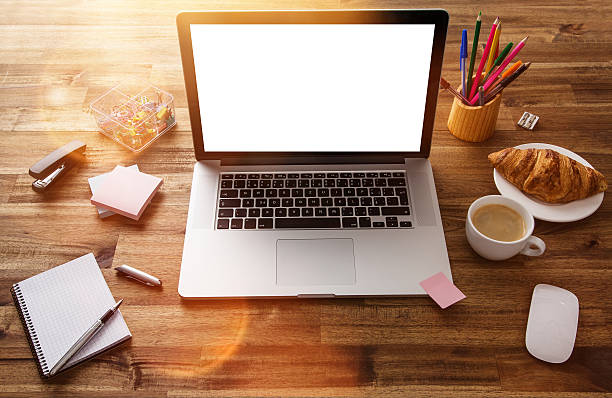 istock Office workplace with wooden desk. 531986235