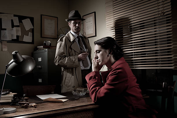 Detective interviewing a young pensive woman in his office Detective interviewing a young sad woman in his office, film noir scene. film noir style stock pictures, royalty-free photos & images