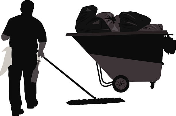 JanitorWork A janitor sweeps up on his way out with the trash. custodian silhouette stock illustrations