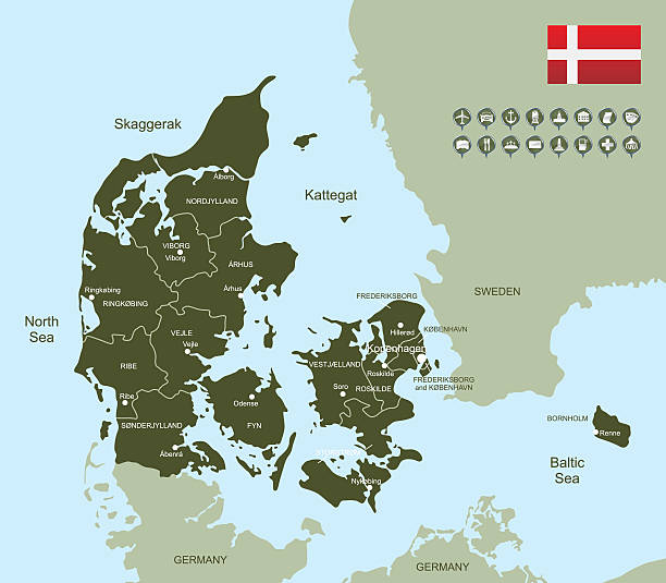 Detailed map of Denmark with navigation icons.