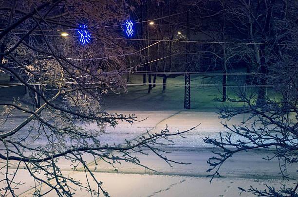 City street in snowy winter morning stock photo