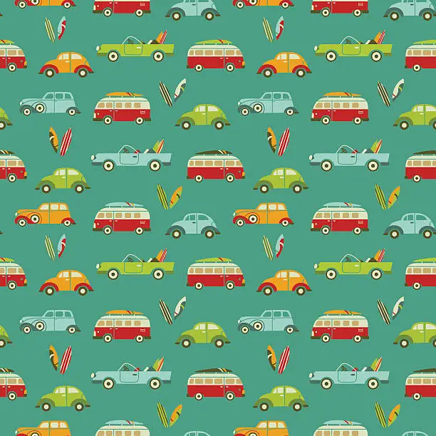 Vector illustration of Surf bus, surfboards + retro cars seamless pattern