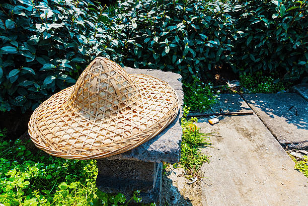 A straw hat with a red ribbon tied around it. The hat is sitting on a white background