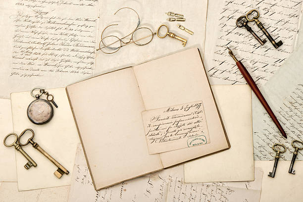 istock Open book, old letters, antique accessories. Vintage background 531992452
