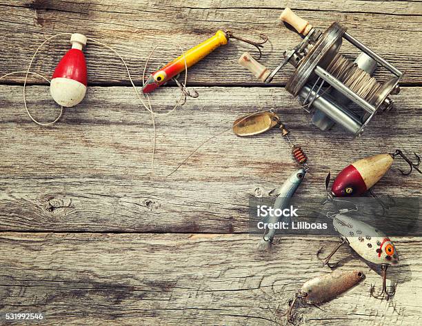 Fathers Day Vintage Fishing Tackle On Wood Background Stock Photo -  Download Image Now - iStock