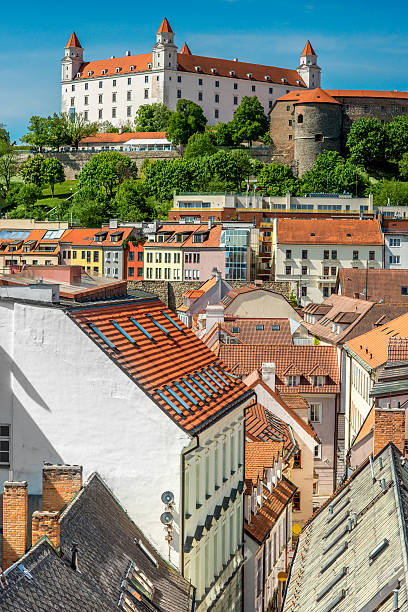 Bratislava castle hill View on Bratislava castle and Bastova street with old houses from Michael's watch tower in Bratislava, Slovakia bratislava photos stock pictures, royalty-free photos & images