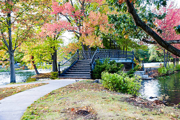 Bridge crossing lake in Roger Williams Park Bridge spans pond in Roger Williams Park in Providence, Rhode Island providence rhode island photos stock pictures, royalty-free photos & images