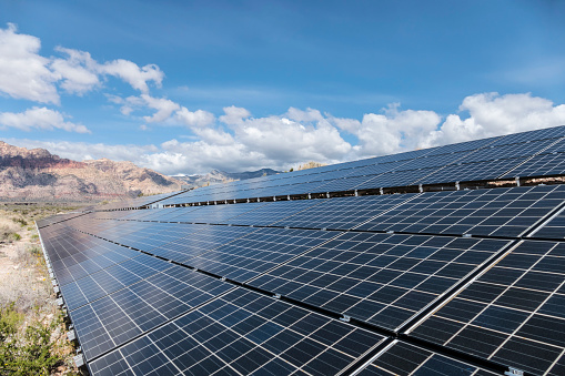 Solar panels with Mojave desert background at Red Rock Canyon National Conservation Area near Las Vegas, Nevada.