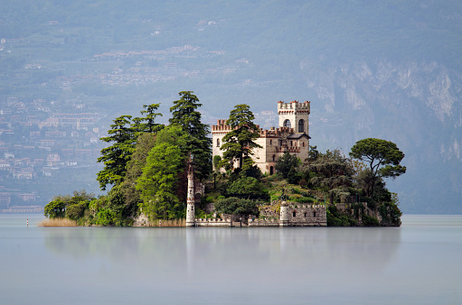 Little island Isola di Loreto on Iseo Lake, Italy
