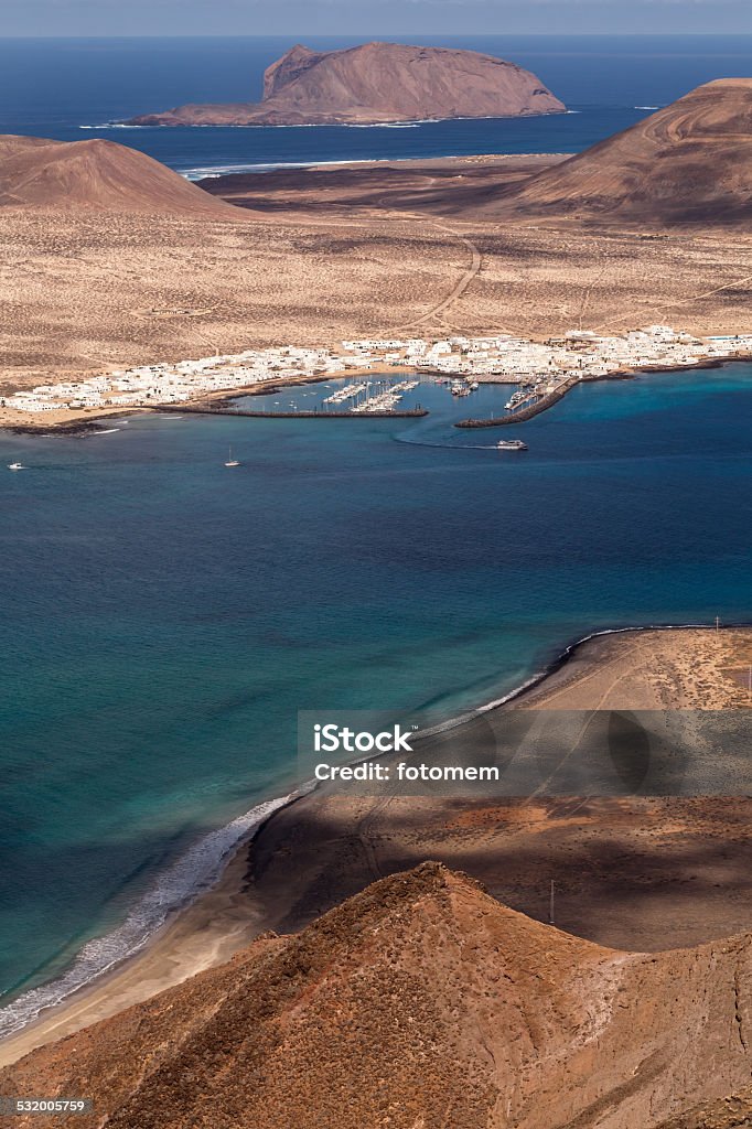 Canary Islands Tree islands - view from Mirador del Rio in Lanzarote, Canary Islands, Spain. From top to bottom: - Isla Montana Clara - Isla Graciosa - Lanzarote. 2015 Stock Photo