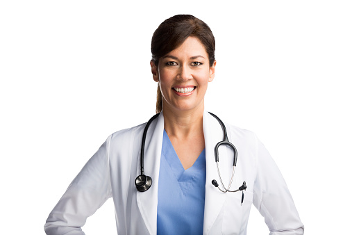 Portrait of a happy female doctor with stethoscope isolated over white background