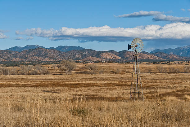 Windmill on a Farm A lone windmill stands in a field alongside the West Coronado Trail south of Sonoita, Arizona, USA. The Huachuca Mountains are in the background. jeff goulden agriculture stock pictures, royalty-free photos & images