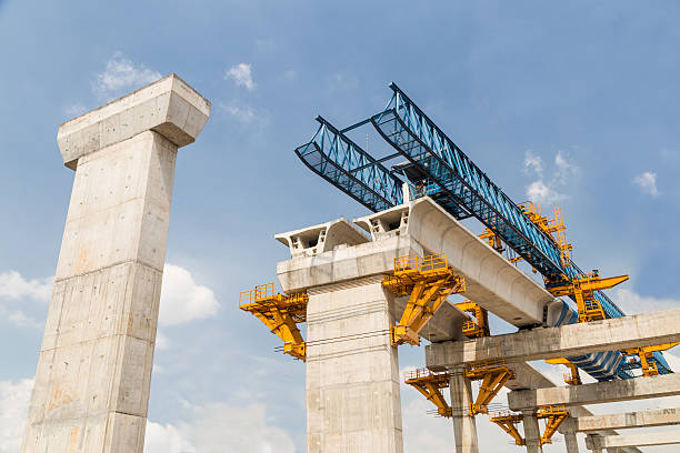 Construction in progress of a mass rapid transit line Construction of a mass transit train line in progress with heavy infrastructure.  This photo shows the progress in joining the various blocks/modules of the line with heavy equipment. bridge built structure stock pictures, royalty-free photos & images