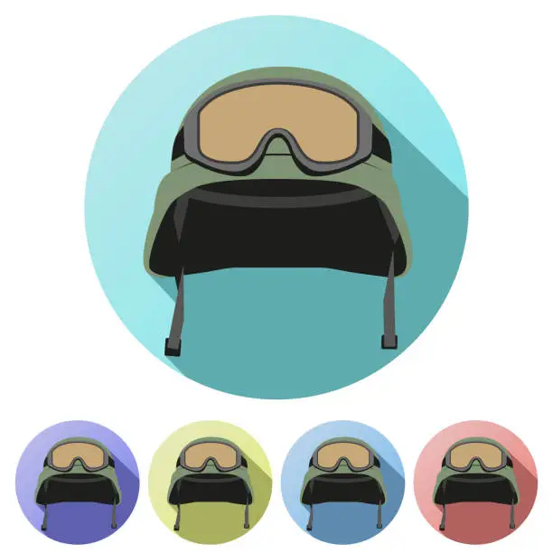 Vector illustration of Set Flat icons of green military helmet with goggles