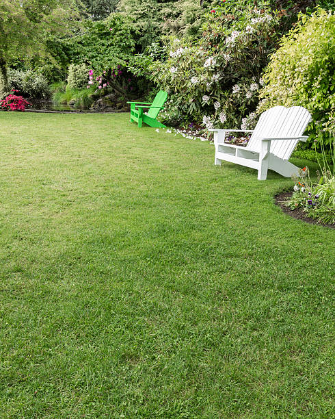 istock Green lawn with flowers and lawn chairs 532023793