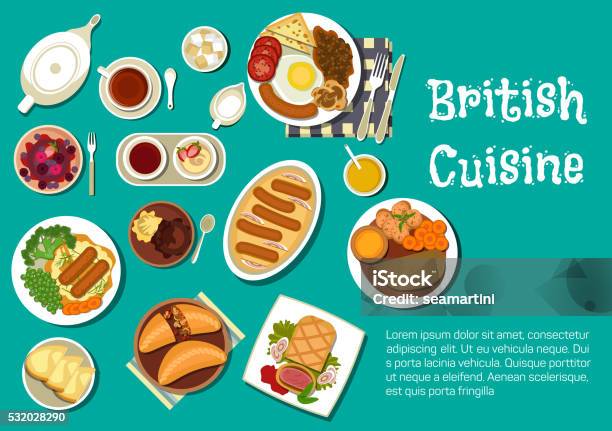 British Cuisine Dinner With Comfort Food Flat Icon Stock Illustration - Download Image Now - British Culture, Food, UK