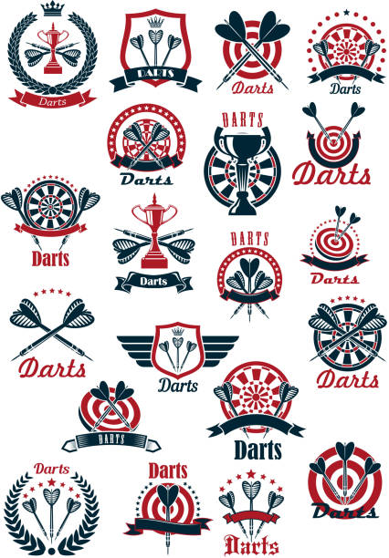 zielscheiben zum pfeilwerfen mit darts symbole für sport-design - darts stock-grafiken, -clipart, -cartoons und -symbole