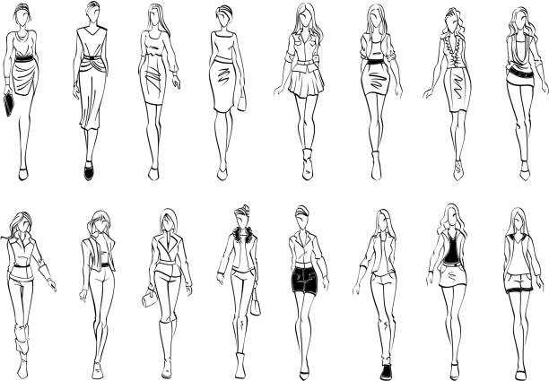 Fashion models shows everyday outfits sketch icons Black and white fashion models sketch icons with silhouettes of young women presenting stylish everyday clothes for office and leisure activity. Use as fashion show theme or shopping design silhouette of a prom dress sketches stock illustrations