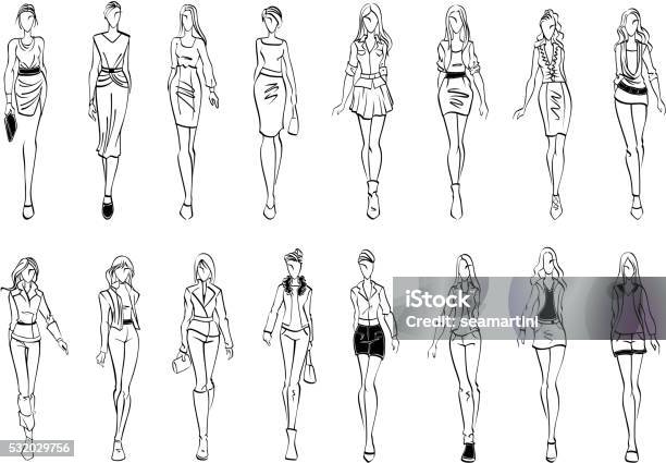 Fashion Models Shows Everyday Outfits Sketch Icons Stock Illustration - Download Image Now - Fashion, Sketch, Women