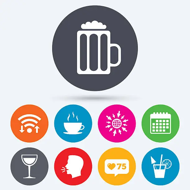 Vector illustration of Drinks signs. Coffee cup, glass of beer icons.