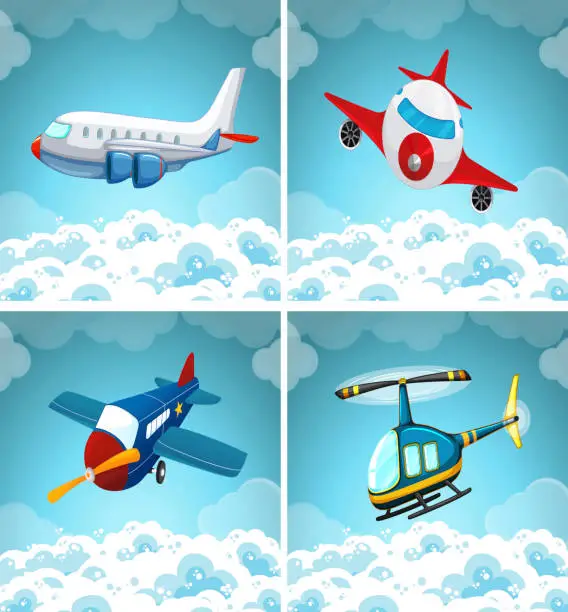 Vector illustration of Four scenes of airplane flying in the sky