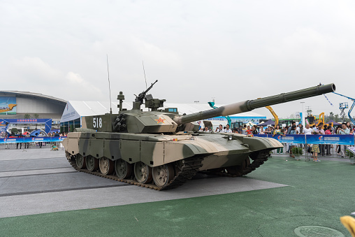 Mianyang, China - September 19, 2015: Third Science and Technology Fair. Pictured Chinese Army 99 main battle tanks show.