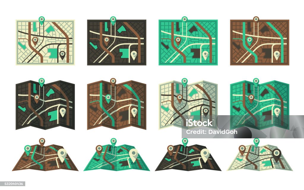 Folded Map Design Folded Map Flat Design Set Stock Illustration - Download Image Now ...