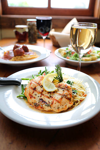 Lemon Rosemary Chicken Plate Accompanied By A Goblet Of Wine