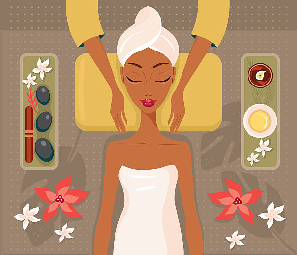 ilustraciones, imágenes clip art, dibujos animados e iconos de stock de hermosa mujer africana spa relajante masaje de cuerpo del concepto de salón - massage therapist illustrations
