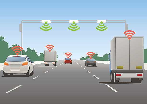 illustrazioni stock, clip art, cartoni animati e icone di tendenza di autostrada sistema di comunicazione e veicoli - toll booth