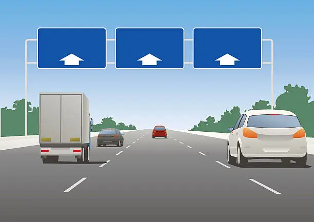 Vector illustration of Highway sign and vehicles