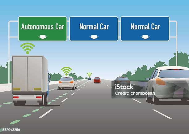 Highway Sign Illustration Autonomous Car Lane Normal Car Lane Stock Illustration - Download Image Now