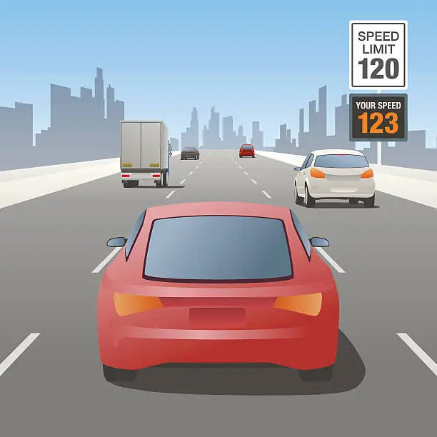 Vector illustration of motor vehicles driving on highway and speed control sign