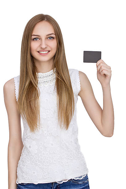 istock happy woman holding white blank paper 532048746