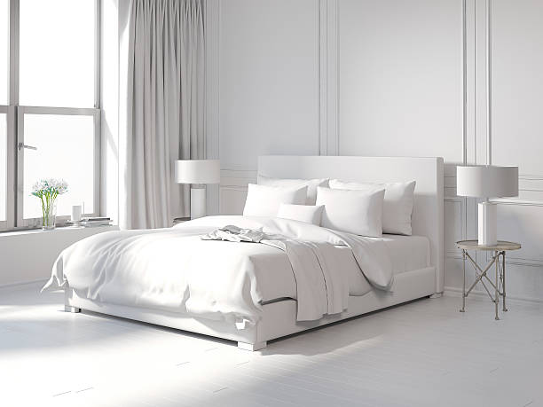 Contemporary all white bedroom Rendering of a Contemporary all white bedroom bedding stock pictures, royalty-free photos & images
