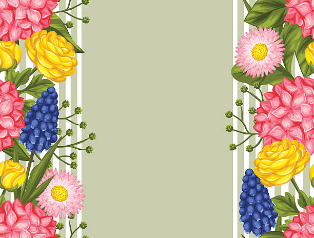illustrations, cliparts, dessins animés et icônes de sans soudure motif avec jardin de fleurs. décoratifs hortense, renoncule d'asie, et muscari - hortense