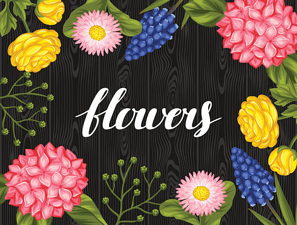 приглашение карты с сад и цветы. декоративные гортензия, ранункулюс, мускари и - hortense stock illustrations