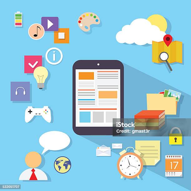 Tablet Computer Application Flat Icon Design Vector Stock Illustration - Download Image Now