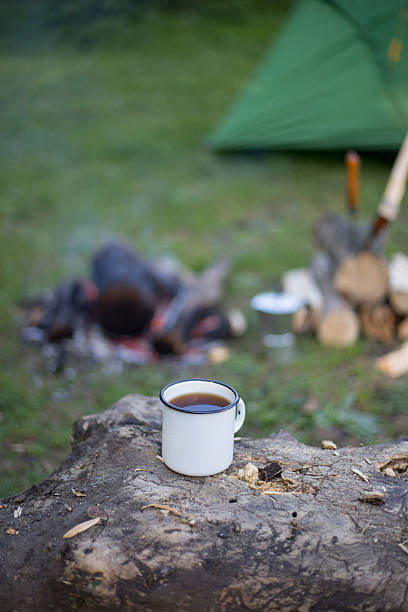 istock Man prepares coffee on a fire in a tent camp. 532051710