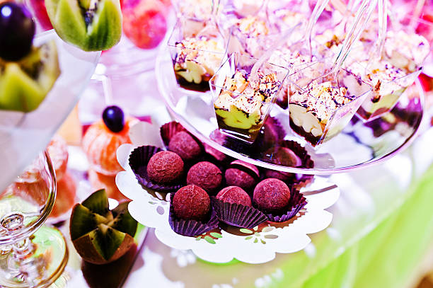 istock Elegance wedding reception table with food and decor. Sweet cackes 532052550