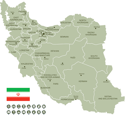 Detailed map of Iran with navigation icons.
