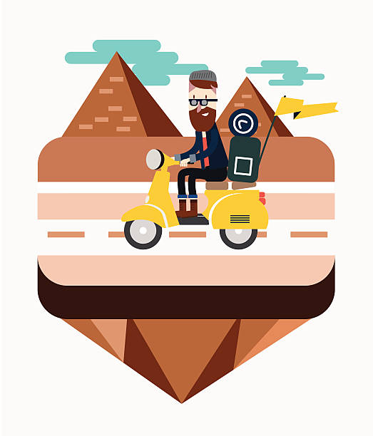 illustrations, cliparts, dessins animés et icônes de hipster prendre un scooter près de l'egypte pyramide scène. - giza khafre monuments travel backgrounds