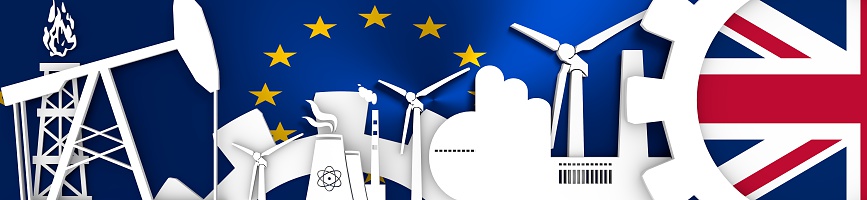 Energy and Power icons set. Header banner with Britain flag. Sustainable energy generation and heavy industry. European Union flag backdrop.3D rendering