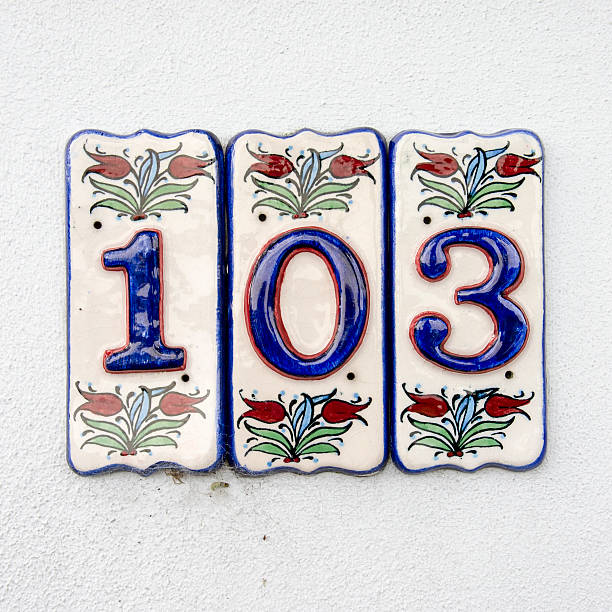 House number 103 house number one hundred and three, on three separate ceramic tiles ceramic tile house numbers stock pictures, royalty-free photos & images