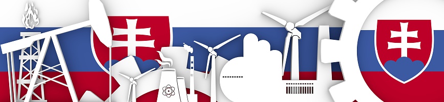 Energy and Power icons set. Header banner with  Slovakia flag. Sustainable energy generation and heavy industry.3D rendering