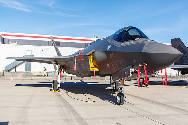 F-35 Lightning II fighter on static display at Nellis AFB Las Vegas, USA - November 9, 2014: F-35 Lightning II fighter on static display at Aviation Nation at Nellis AFB on November 9,2014 in Las Vegas,NV. It is the world's most advanced multi-role fighter. supersonic airplane editorial airplane air vehicle stock pictures, royalty-free photos & images