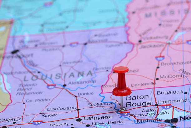 Baton Rouge pinned on a map of USA Photo of pinned Baton Rouge on a map of USA. May be used as illustration for traveling theme. louisiana photos stock pictures, royalty-free photos & images
